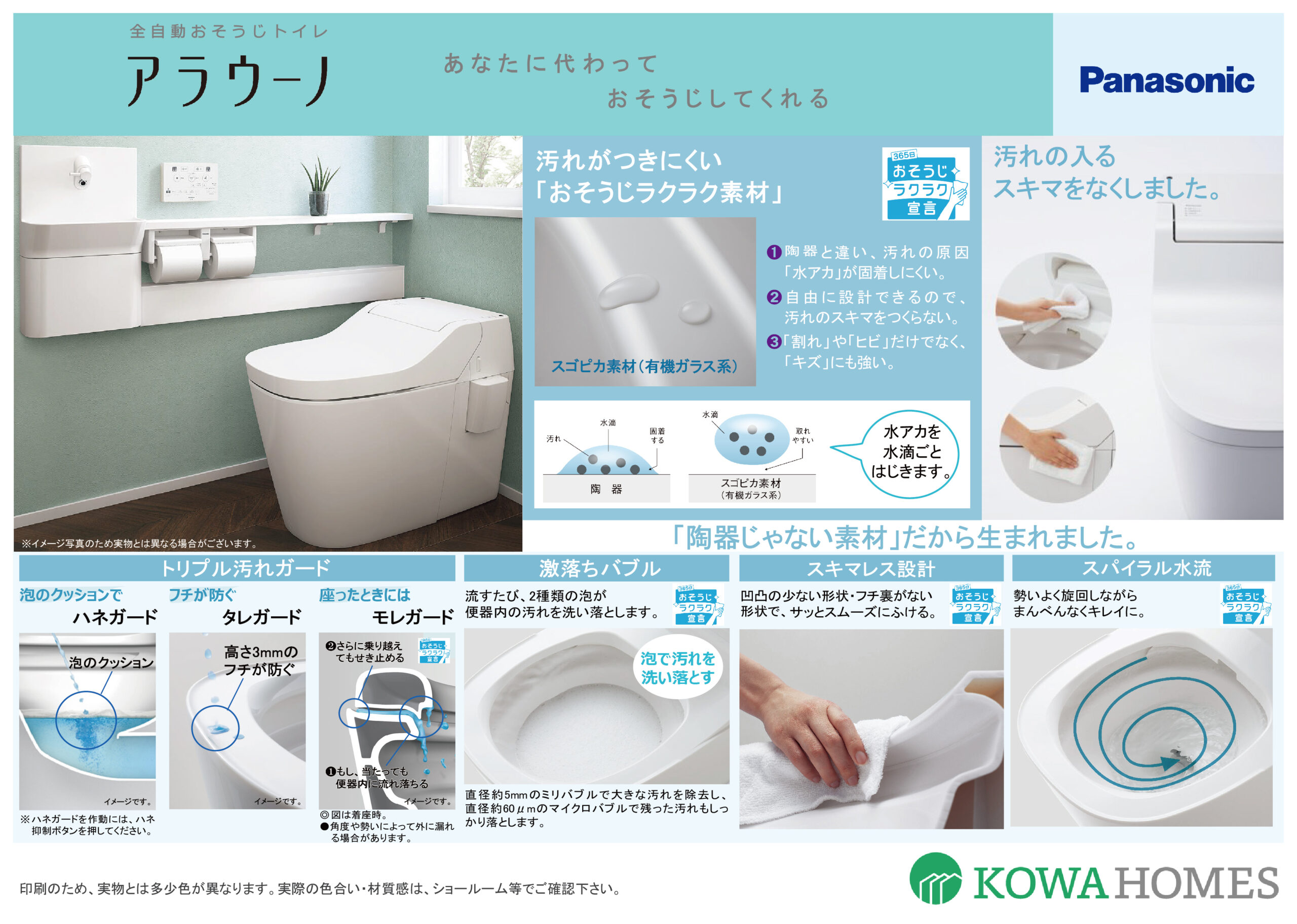 Panasonic製トイレ【アラウーノ】が1・2Fが標準仕様。流すたびキレイが続く、マイクロバブル。お掃除しやすいスキマレス構造。